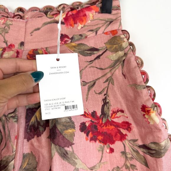 NWT Zimmermann Cassia Scallop High Rise Pink Pleated Floral Shorts - 2 Size 8 US - Picture 3 of 10